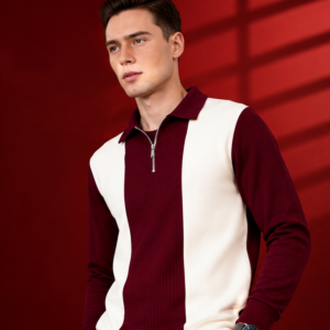 T-Shirt for Men Zip Neck Texture Cotton Blend Mens