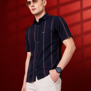 Men’s Solid Navy Blue Cotton-Blend Shirt with Dual Chest Pockets