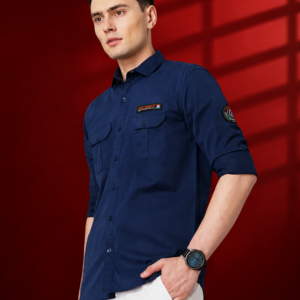 Men’s Solid Navy Blue Cotton-Blend Shirt with Dual Chest Pockets